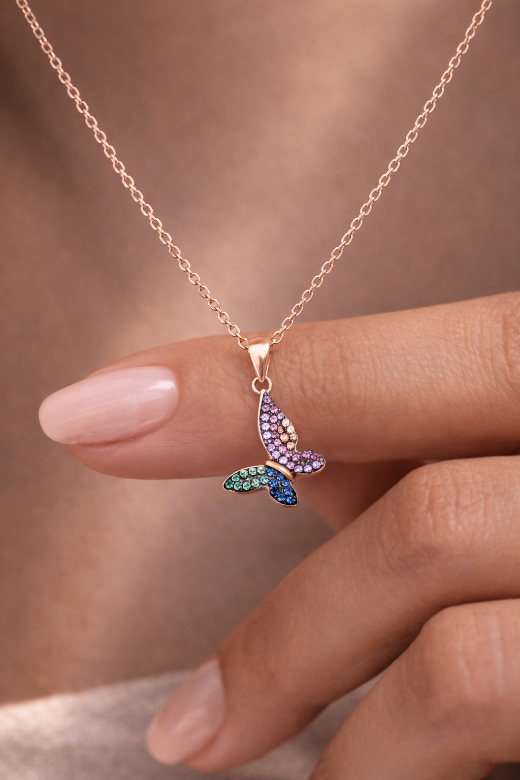 Multicoloured Butterfly Rose Gold Amora Pendant with Chain on Pure 925 Silver.