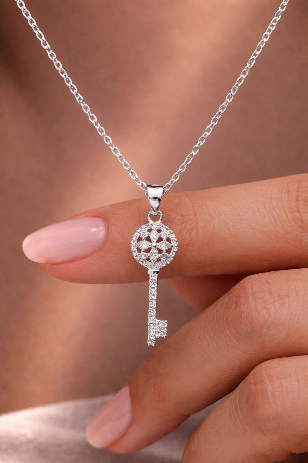 Diamond Studded Reysa Key Pendant with 925 Silver Chain
