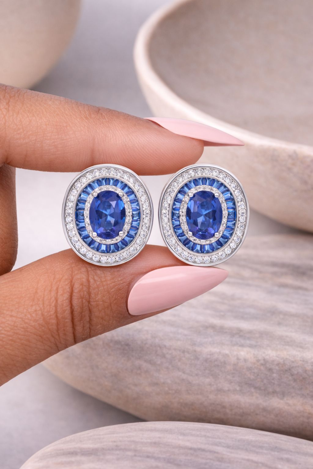 Premium 1 Carat Hydro Blue Sapphire Oval Solitaire Baguette Stud Earrings on Pure 925 Silver