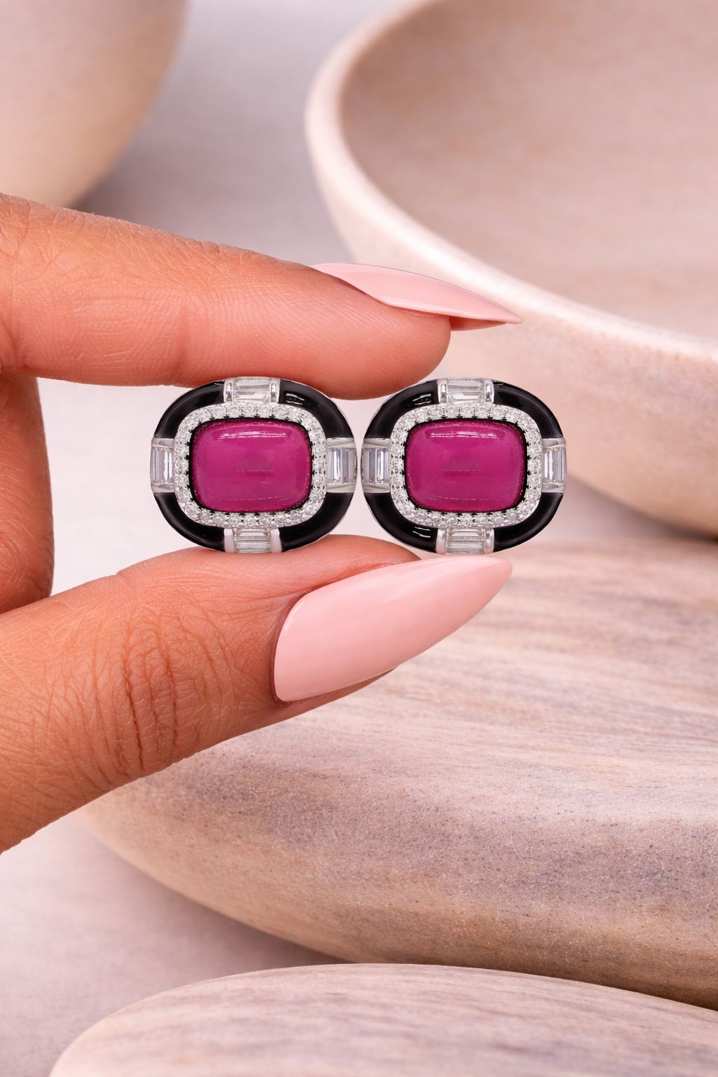 Ultra Premium Ruby Cabochon Black Onyx Stud Earrings on Pure 925 Silver