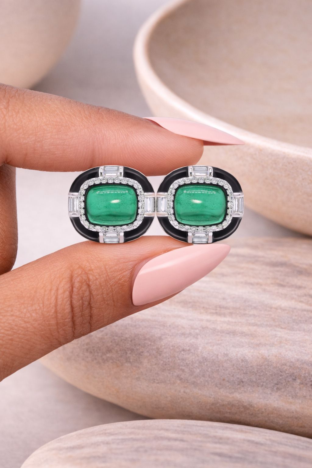 Ultra Premium Emerald Cabochon Black Onyx Stud Earrings on Pure 925 Silver