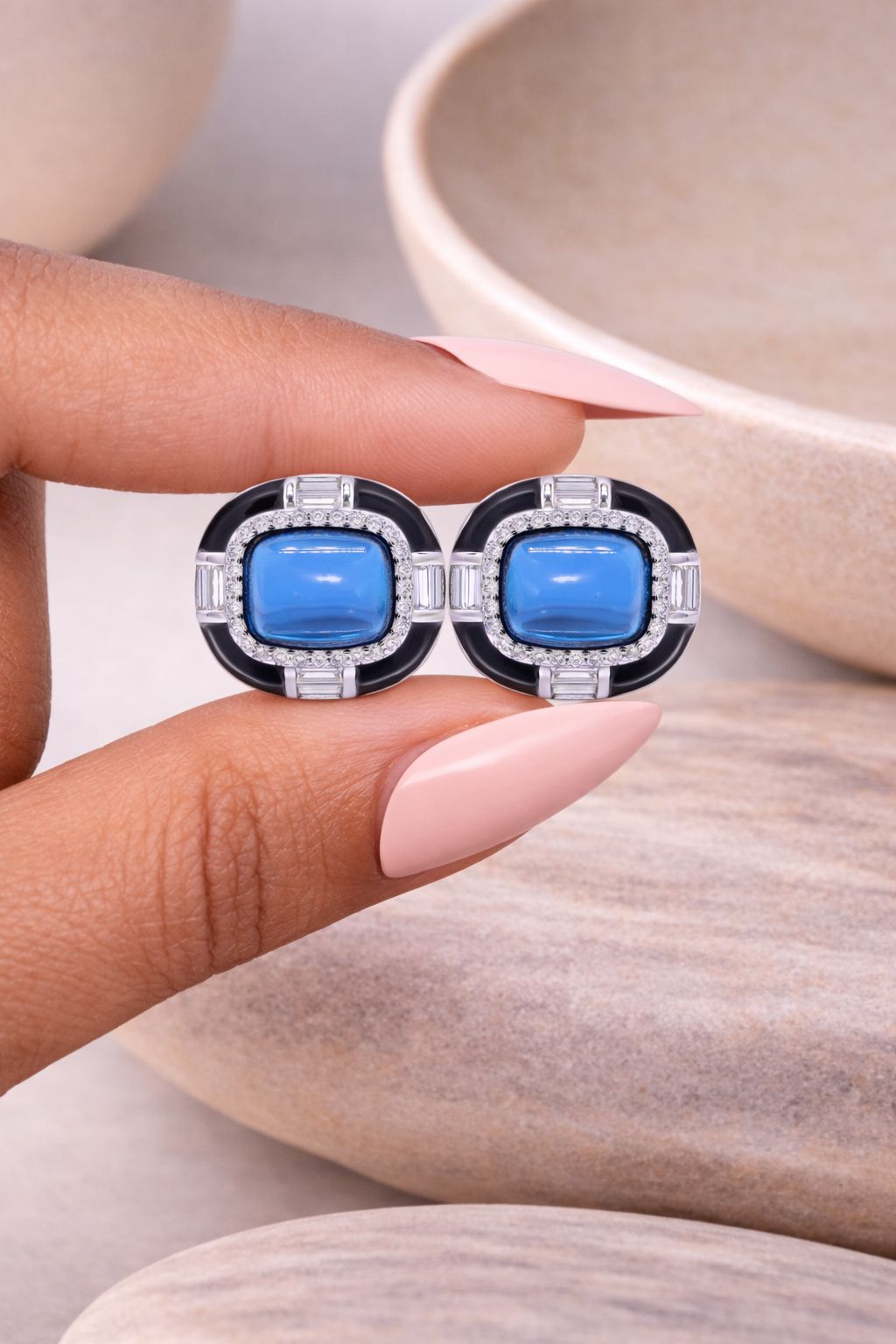 Ultra Premium Blue Crystal Cabochon Black Onyx Stud Earrings on Pure 925 Silver