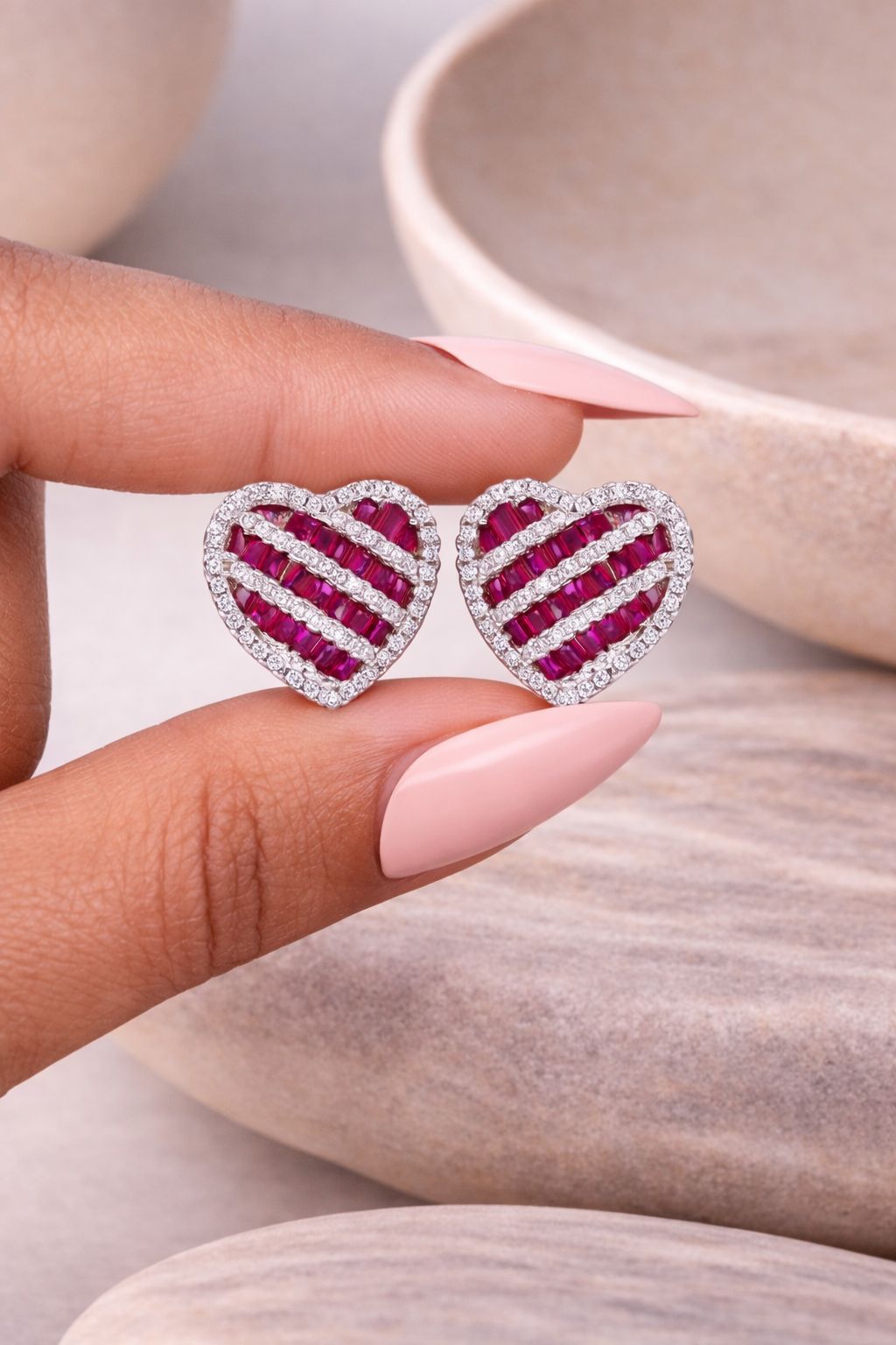 American Diamond and Ruby Studded Love Struck Heart Studs on Pure 925 Silver