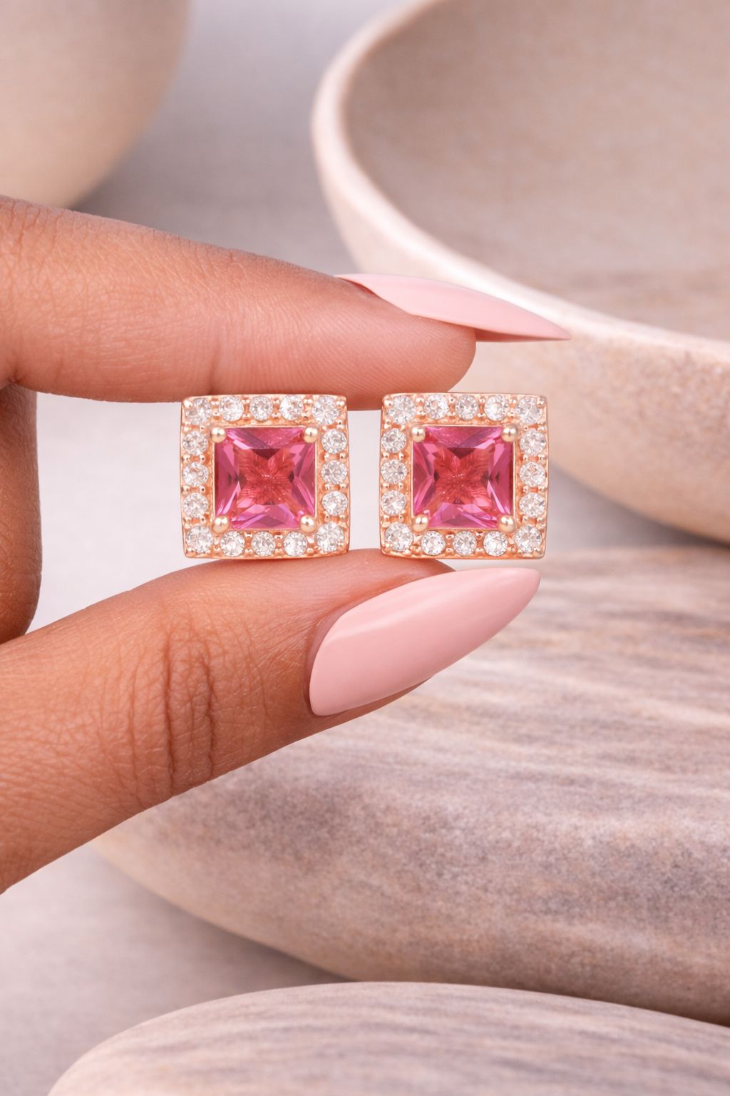Rose Gold Diamond with Ruby Solitaire Kora Studs On Pure 925 Silver