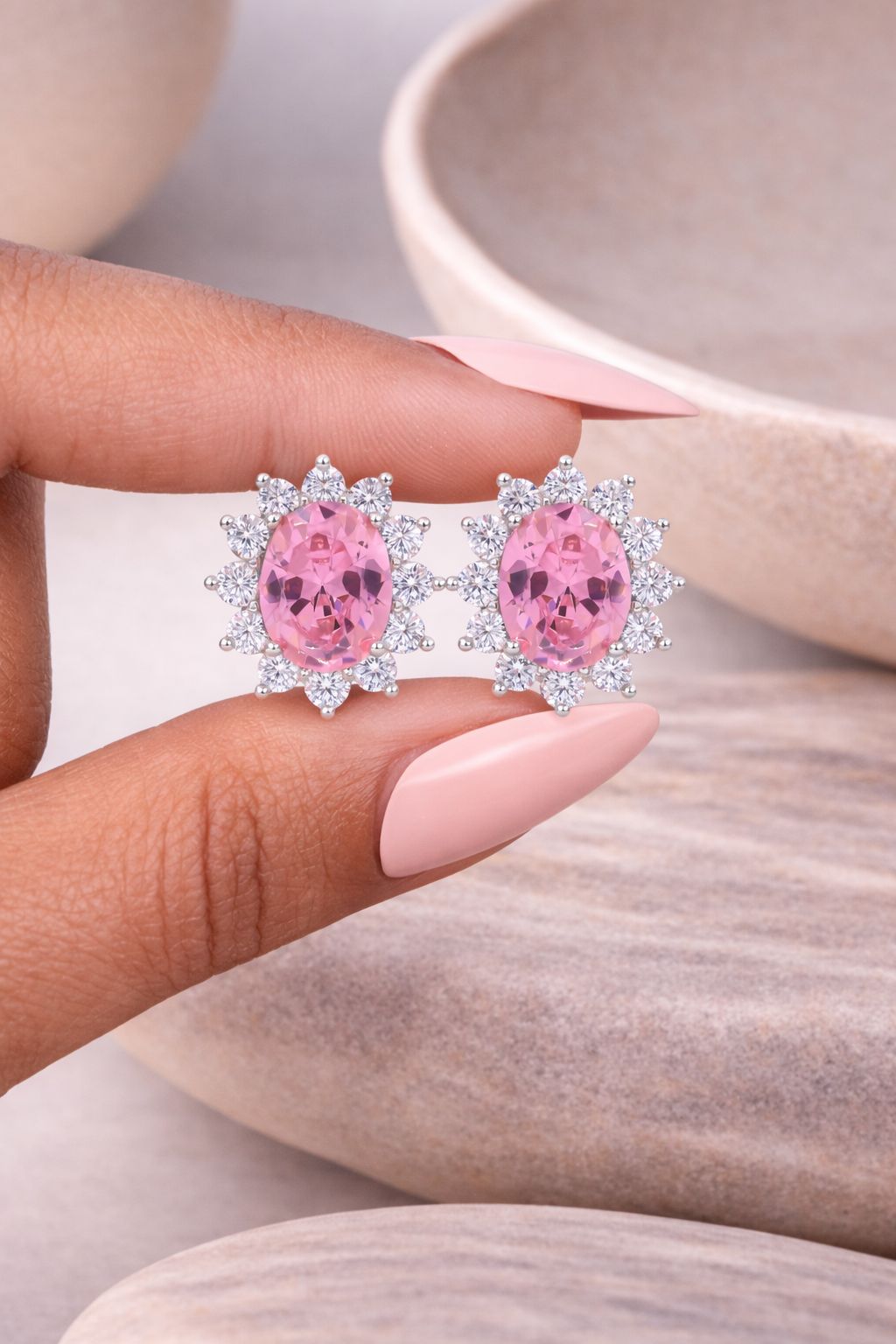 Pink Oval Diamond with Round Cut Diamond Cluster Gema Studs on Pure 925 Silver
