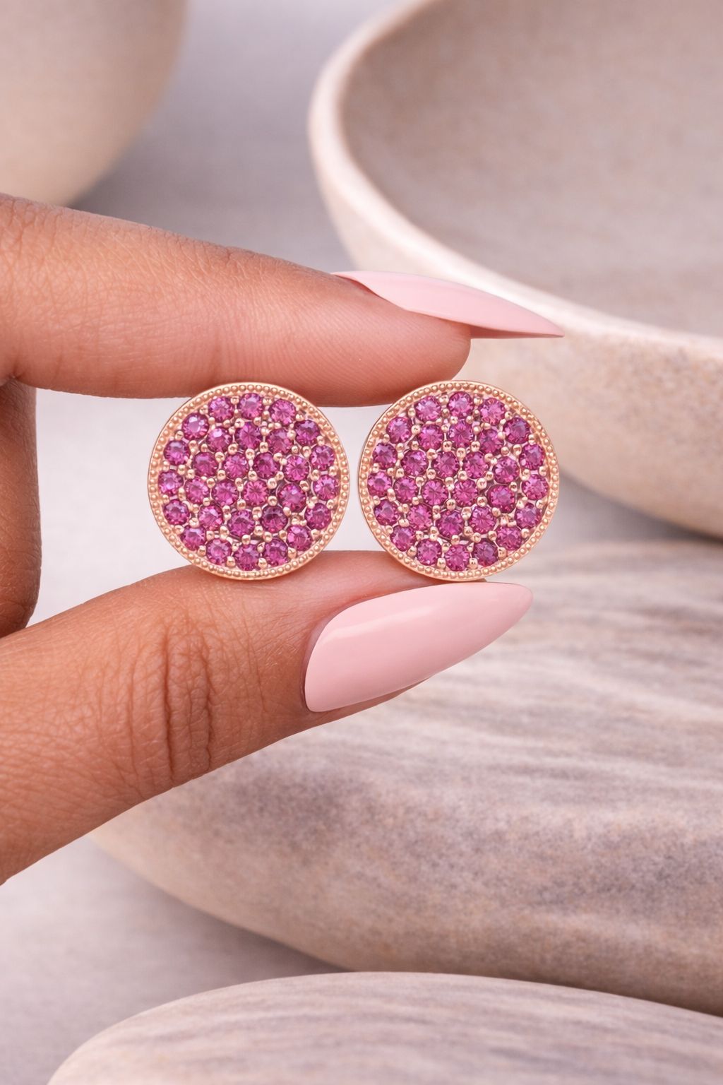 Rose Gold American Diamond Studded with Ruby Alice Stud on Pure 925 Silver.