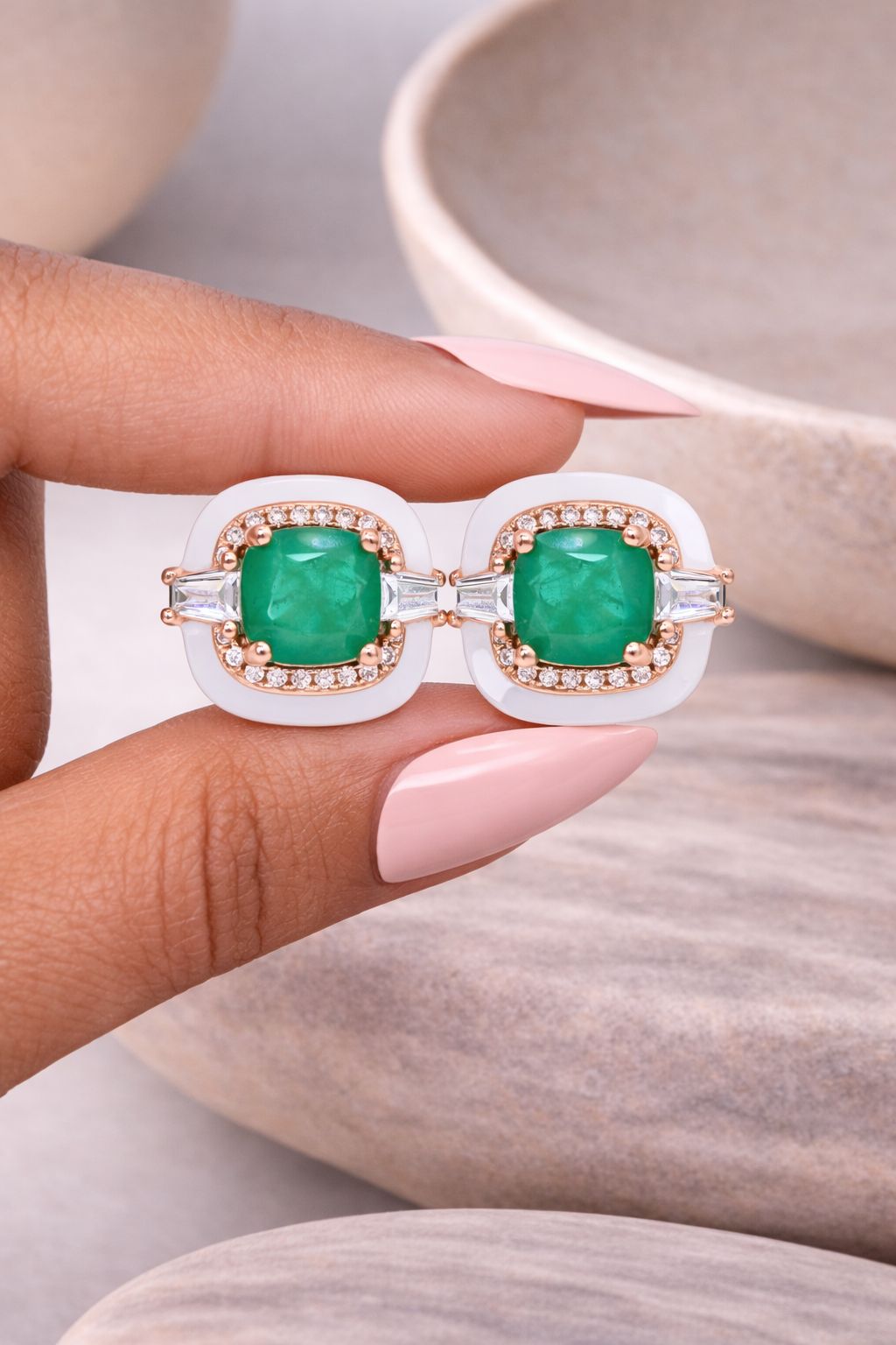 Ultra Premium Emerald Cabochon White Onyx Stud Earrings on Pure 925 Silver
