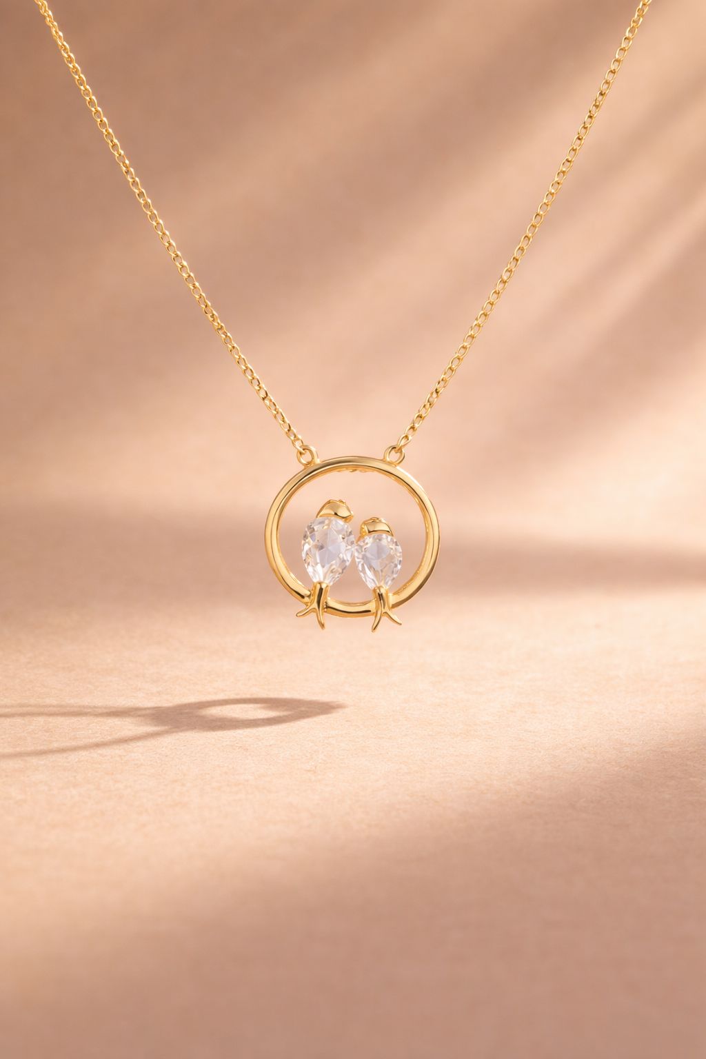 18k Gold Finish Premium Love Birds Solitaire Pendant with Chain on Pure 925 Silver