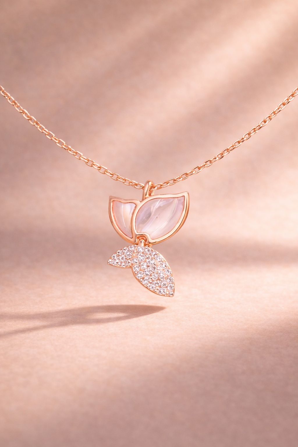Rose Gold Finish American Diamond Studded Mother Pearl Butterfly Serena Pendant with Chain on Pure 925 Silver.