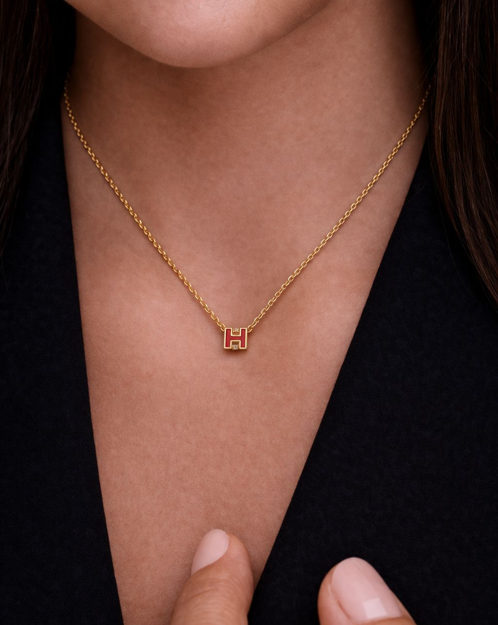 18k Gold Finish H Pendant with Chain on Pure 925 Silver