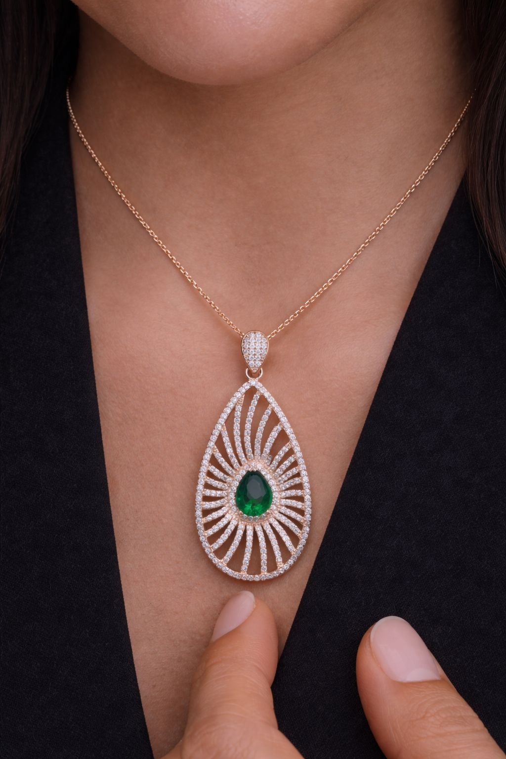 Rose Gold Premium Myra Green Emerald Pendant with Chain on Pure 925 Silver