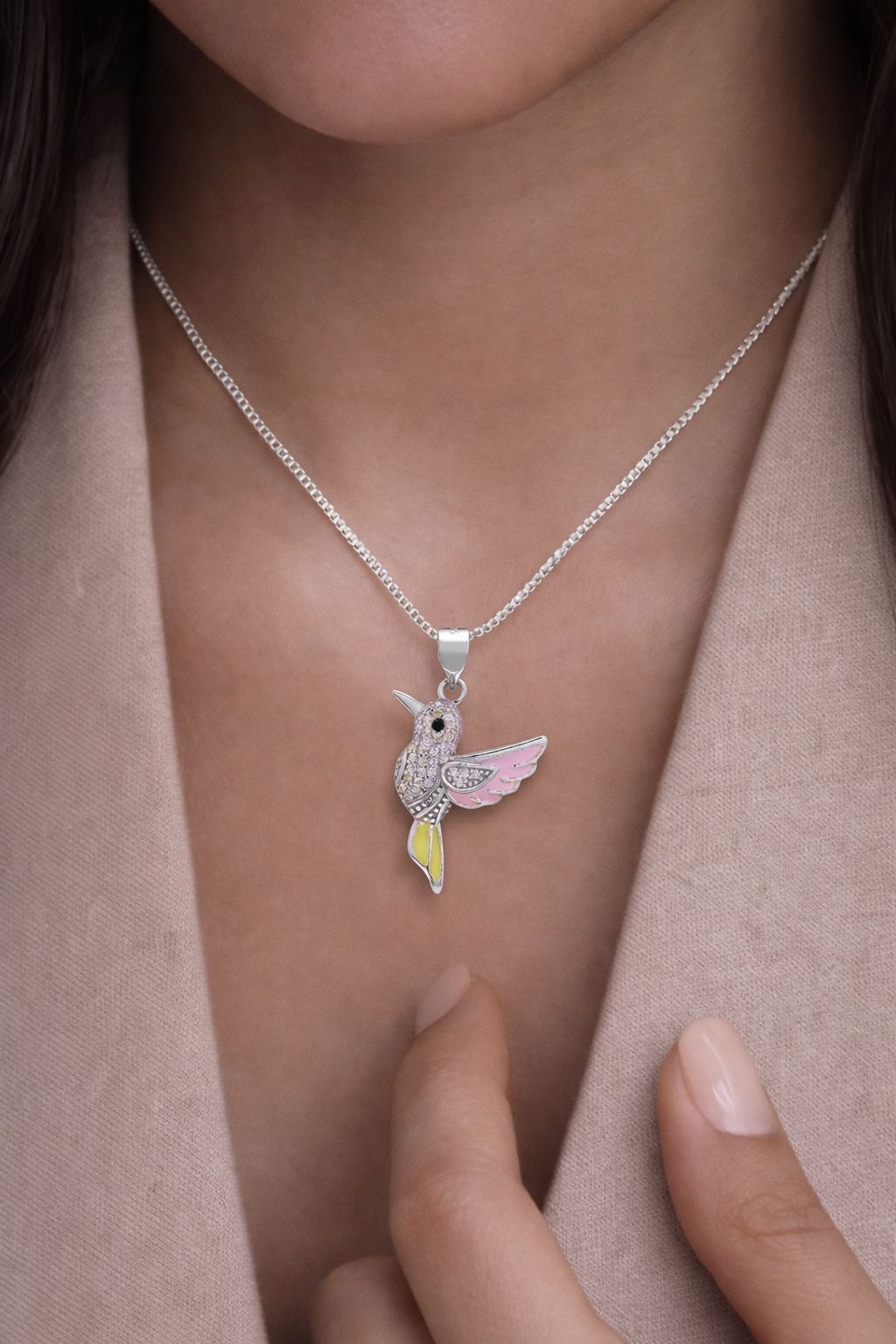 Pure 925 Silver American Diamond Studded Bird Pendant with Pink and yellow Enamel Detailing.