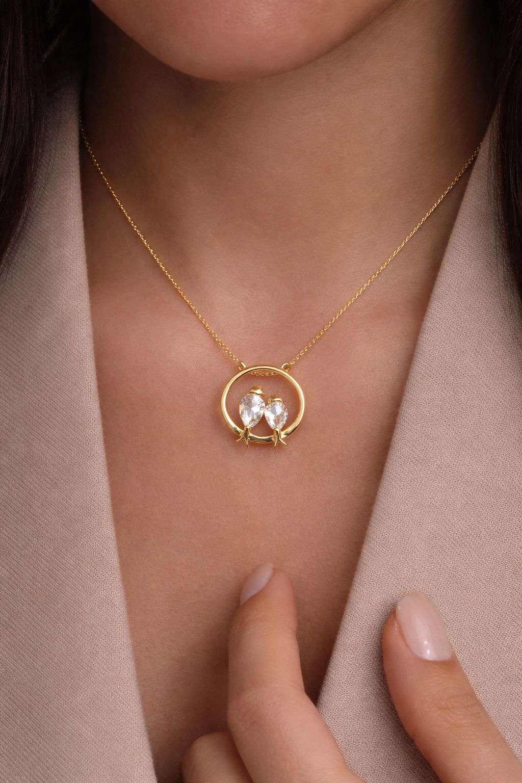 18k Gold Finish Premium Love Birds Solitaire Pendant with Chain on Pure 925 Silver