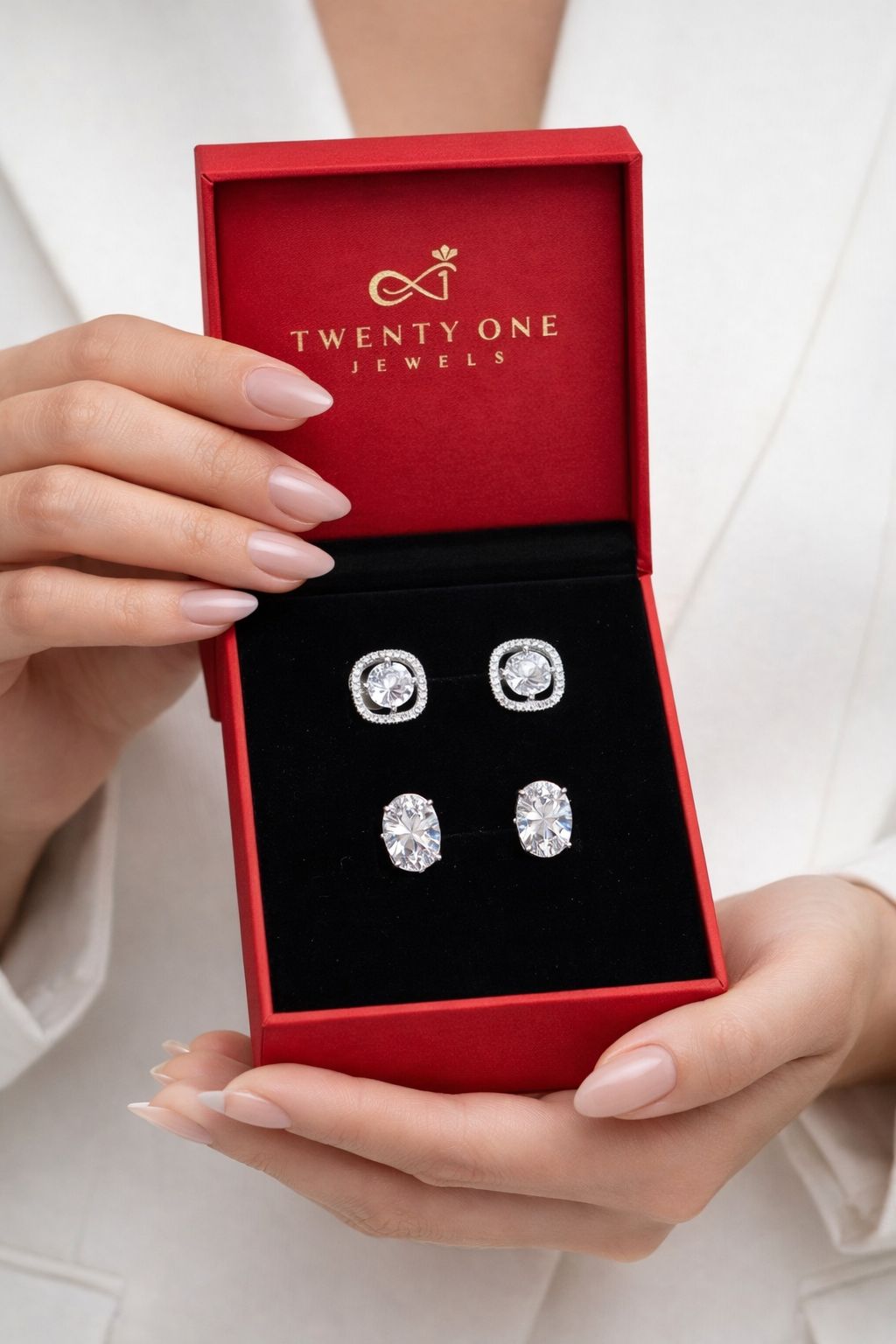 Mother’s Day Combo of Two Pure 925 Silver Stud Earrings - Round Cut Solitaire and Oval Cut Solitaire on Pure 925 Silver.