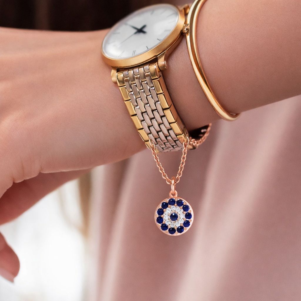 Rose Gold Evil Eye Watch Charm on Pure 925 Silver