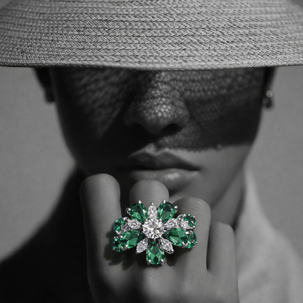 Ultra Premium Emerald Ovals and Drop Solitaire Cocktail Ring on Pure 925 Silver