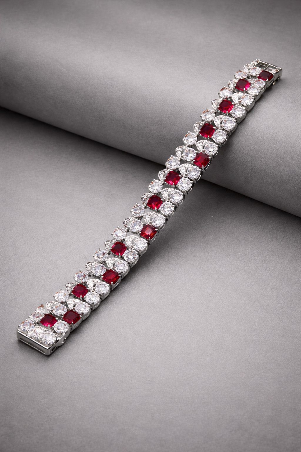 Ultra Premium Chunky Princess Cut Ruby Tennis Bracelet with 50 Pointer Round Cut Solitaires on Pure 925 Silver