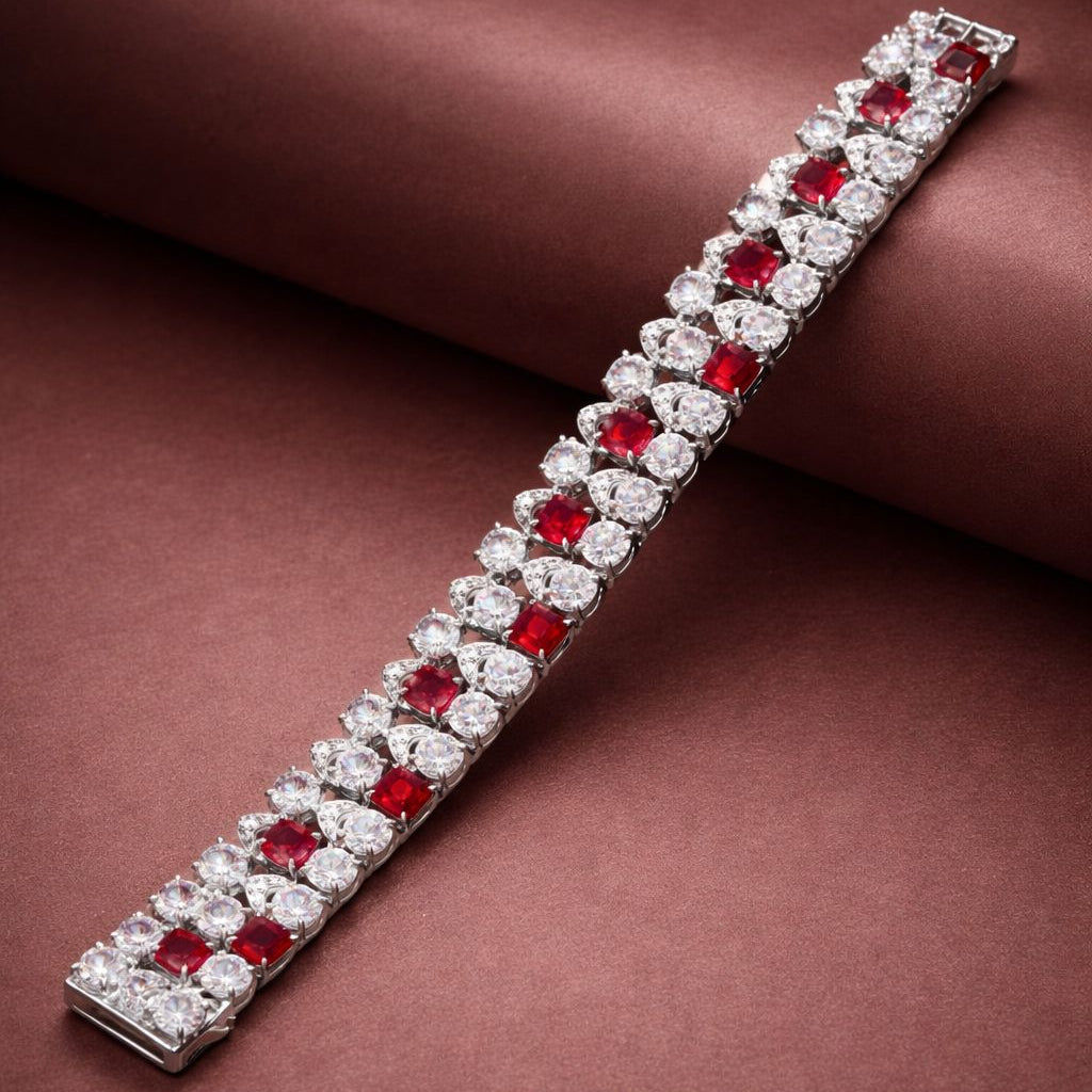 Ultra Premium Chunky Princess Cut Ruby Tennis Bracelet with 50 Pointer Round Cut Solitaires on Pure 925 Silver