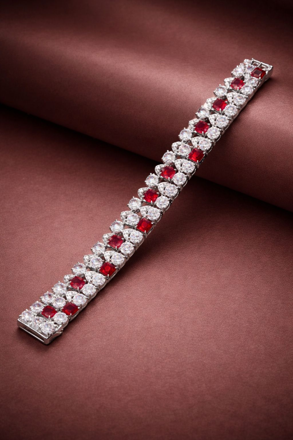 Ultra Premium Chunky Princess Cut Ruby Tennis Bracelet with 50 Pointer Round Cut Solitaires on Pure 925 Silver