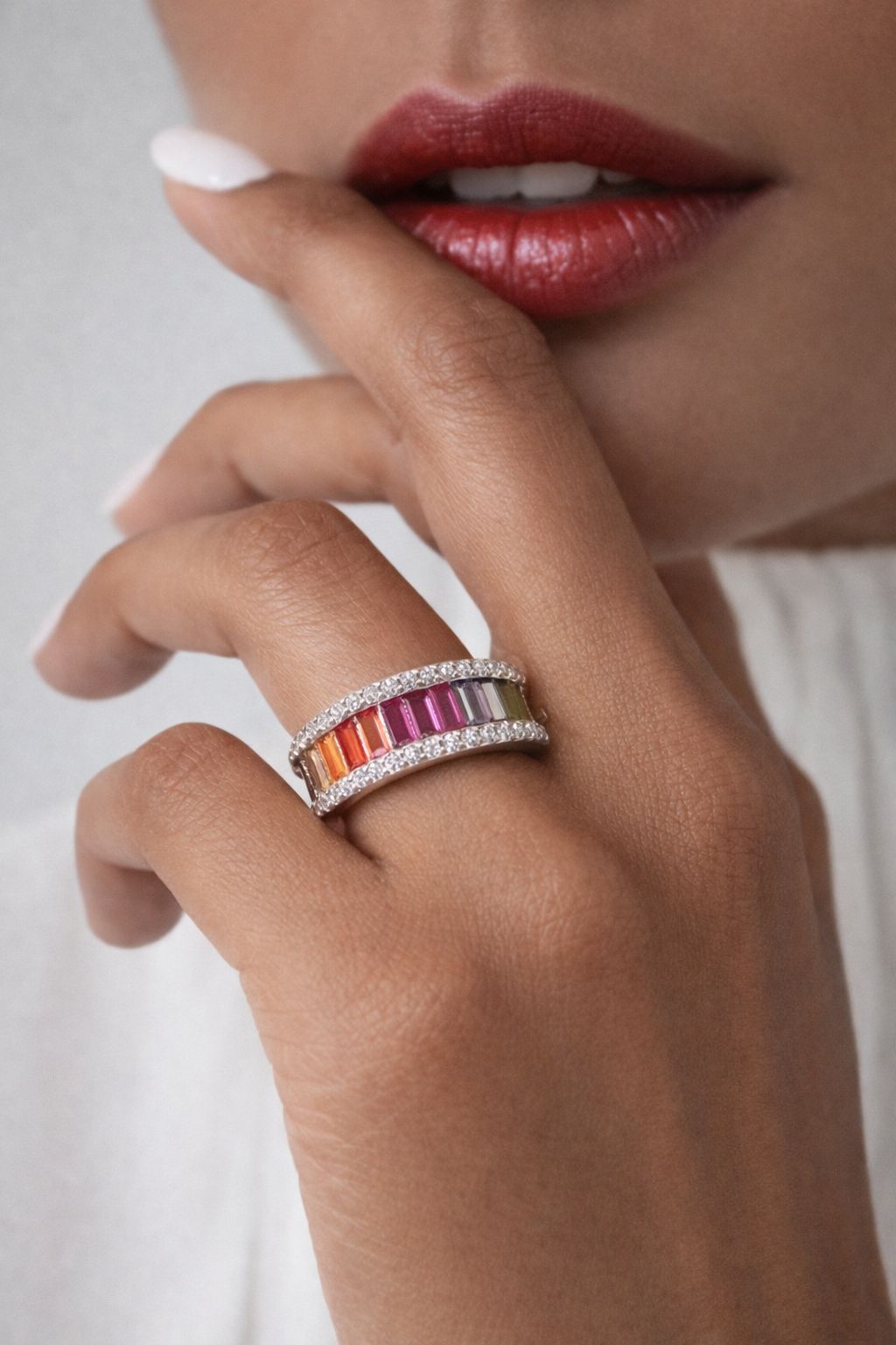 Premium Rainbow Band Ring with Multi Coloured Diamonds on Pure 925 Silver