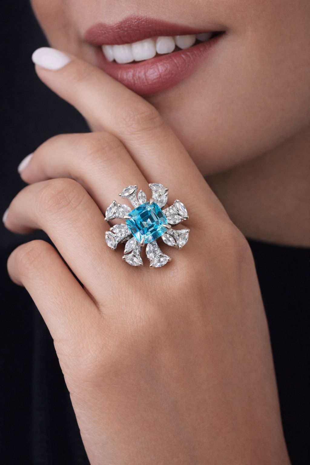 Premium Hydro Aquamarine and Marquise Diamond Mindi Ring