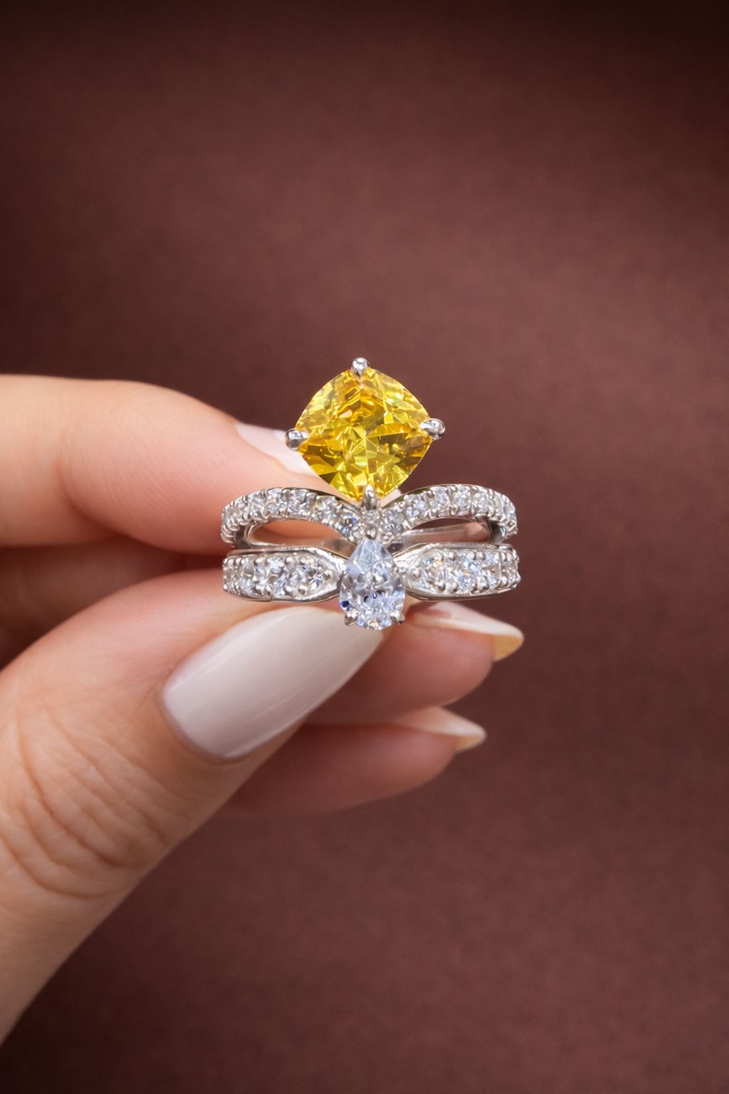 Premium Double Band Harare Yellow Sapphire and Drop Solitaire Ring on Pure 925 Silver