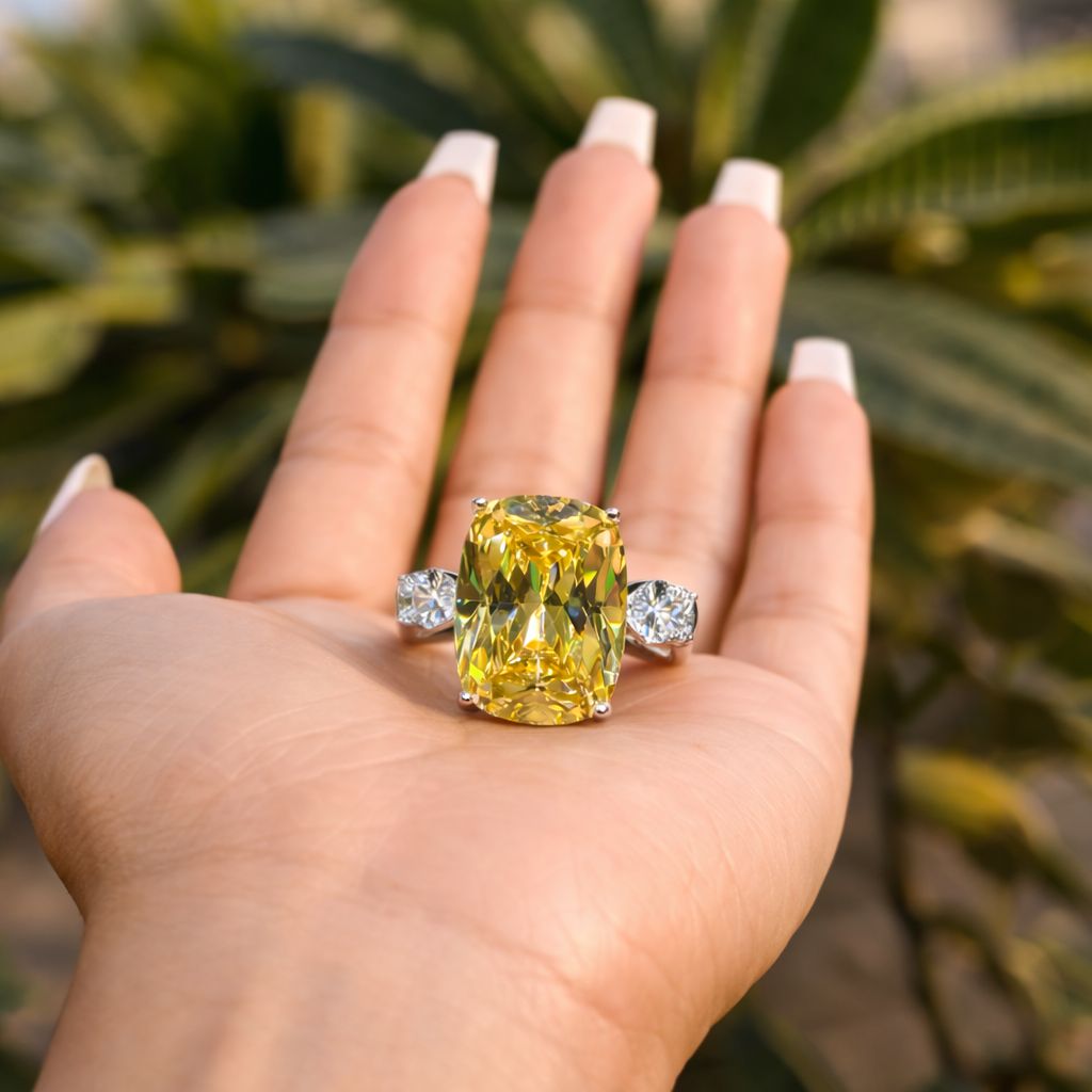 Ultra Premium Yellow Rounded Cushion Cut Solitaire Ring with Diamond Studded Band on Pure 925 Silver