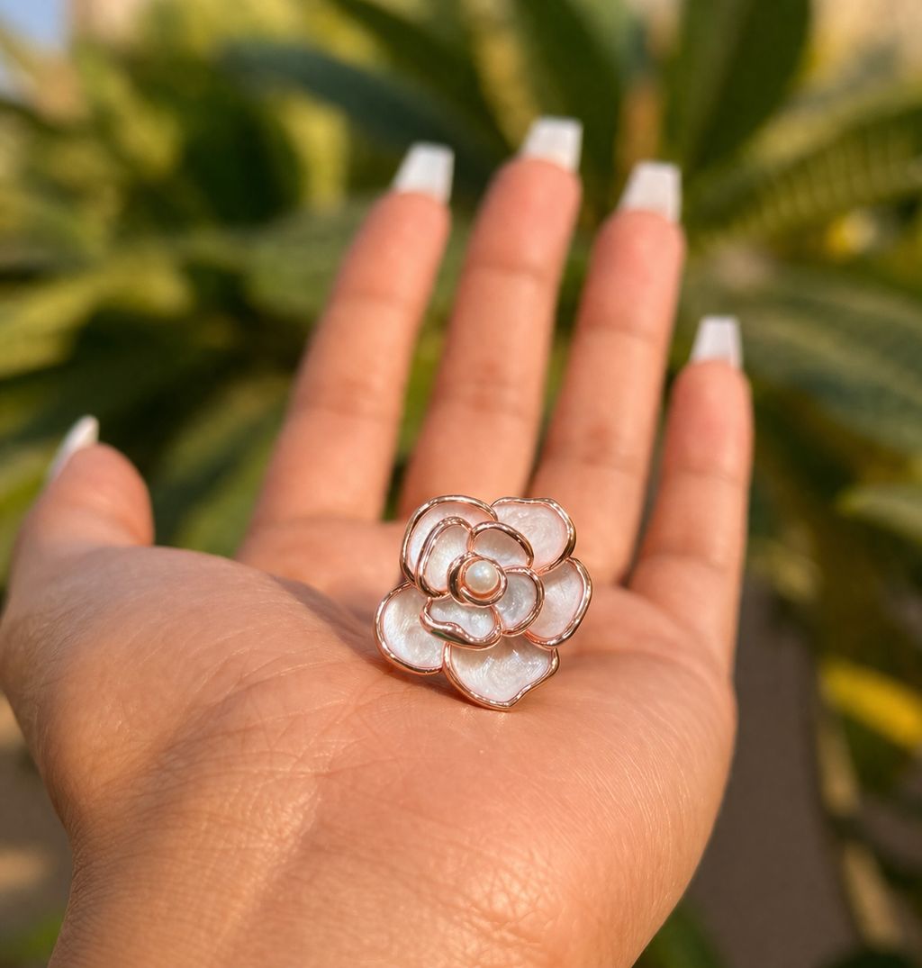 Ultra Premium Rose Gold Finish Mother Of Pearl Intricate Floral Ring on Pure 925 Silver