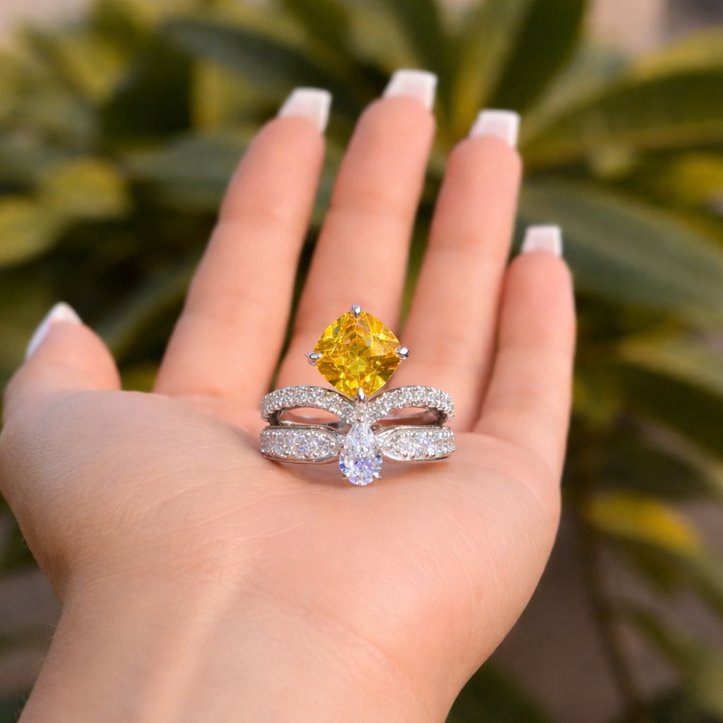 Premium Double Band Harare Yellow Sapphire and Drop Solitaire Ring on Pure 925 Silver