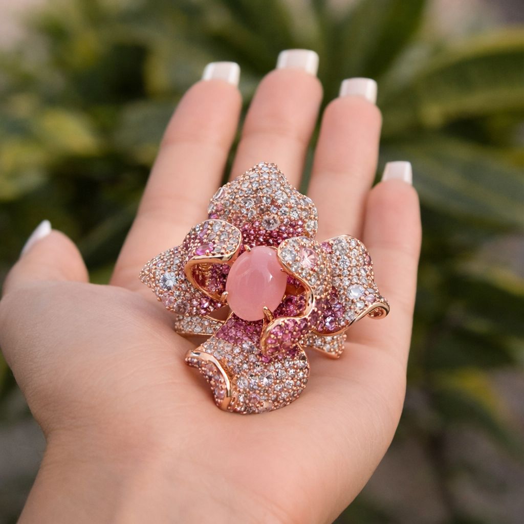 Ultra Premium Pink Conch Pearl Statement Cocktail Ring with Micro Setting American Diamonds on Pure 925 Silver