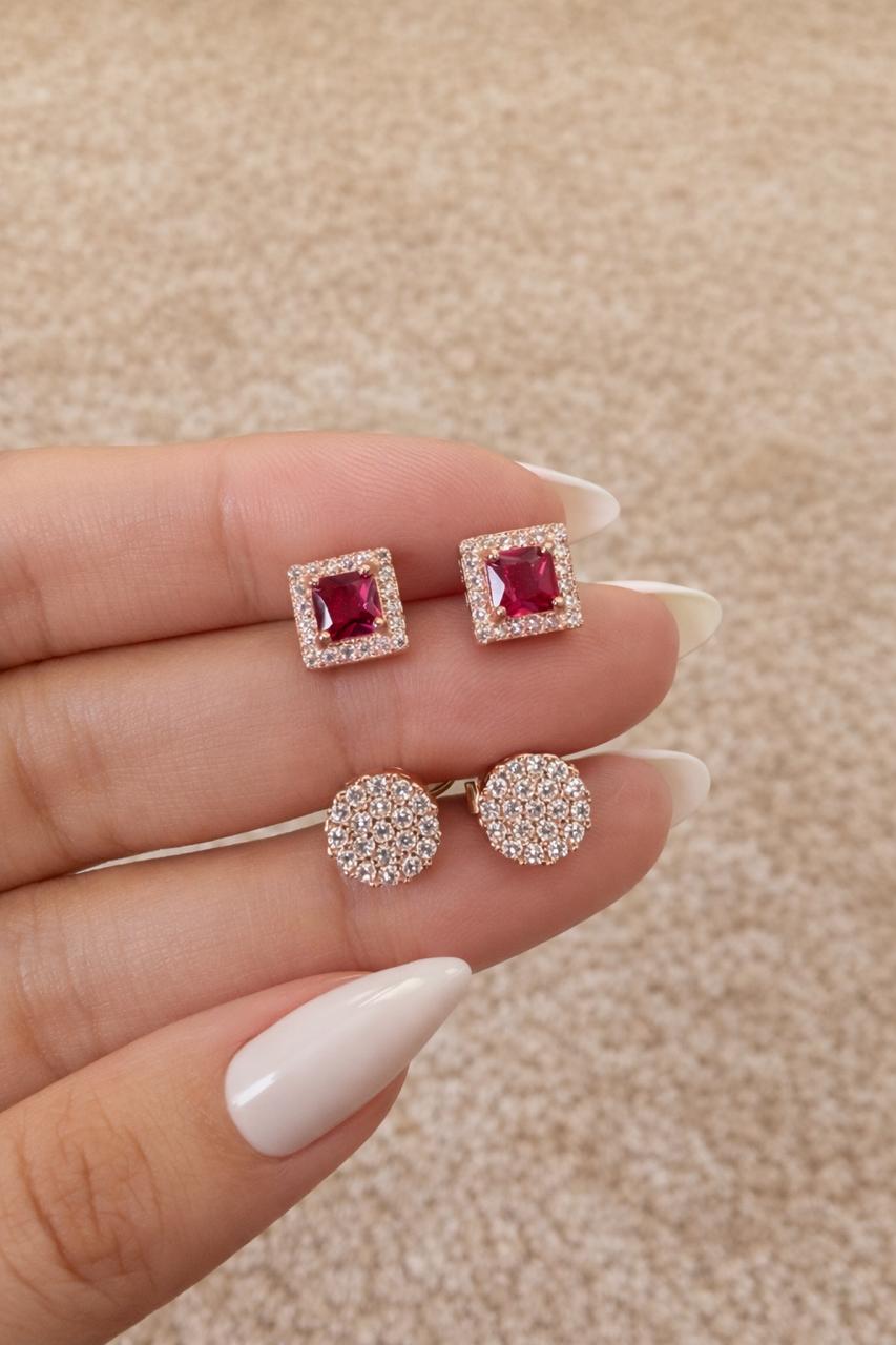 Exclusive Combo of Princess Cut Rose Gold Ruby Studs and Pave Setting Round Rose Gold Studs