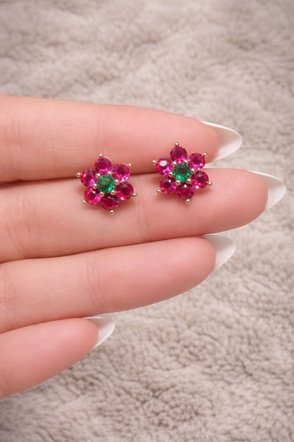 Pure 925 Silver 6 Petal Floral Ruby Studs with Centre Emerald