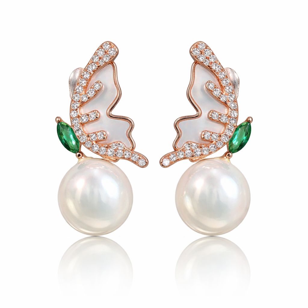 Ultra Premium Fresh Water Pearl Cocktail Stud Earrings with MOP and Green Emerald Marquise Detailing on Pure 925 Silver