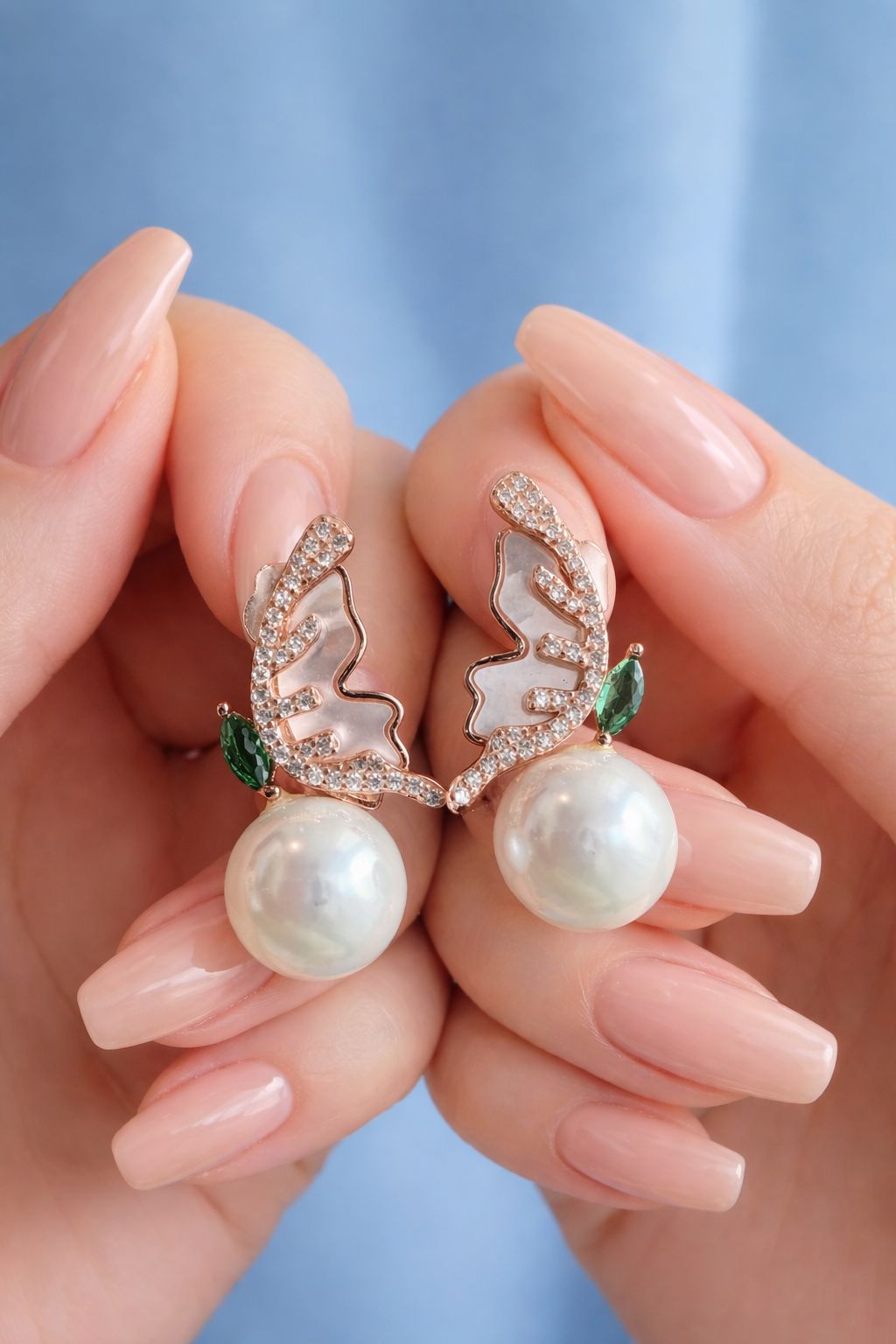 Ultra Premium Fresh Water Pearl Cocktail Stud Earrings with MOP and Green Emerald Marquise Detailing on Pure 925 Silver