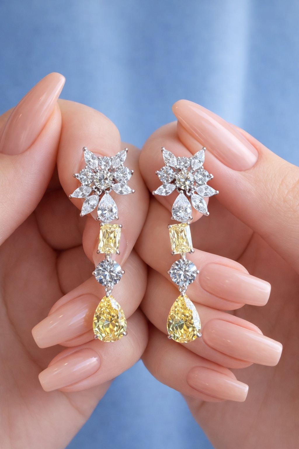 Ultra Premium Multi Shape Yellow and White Diamond Solitaire Dangler Earrings on Pure 925 Silver