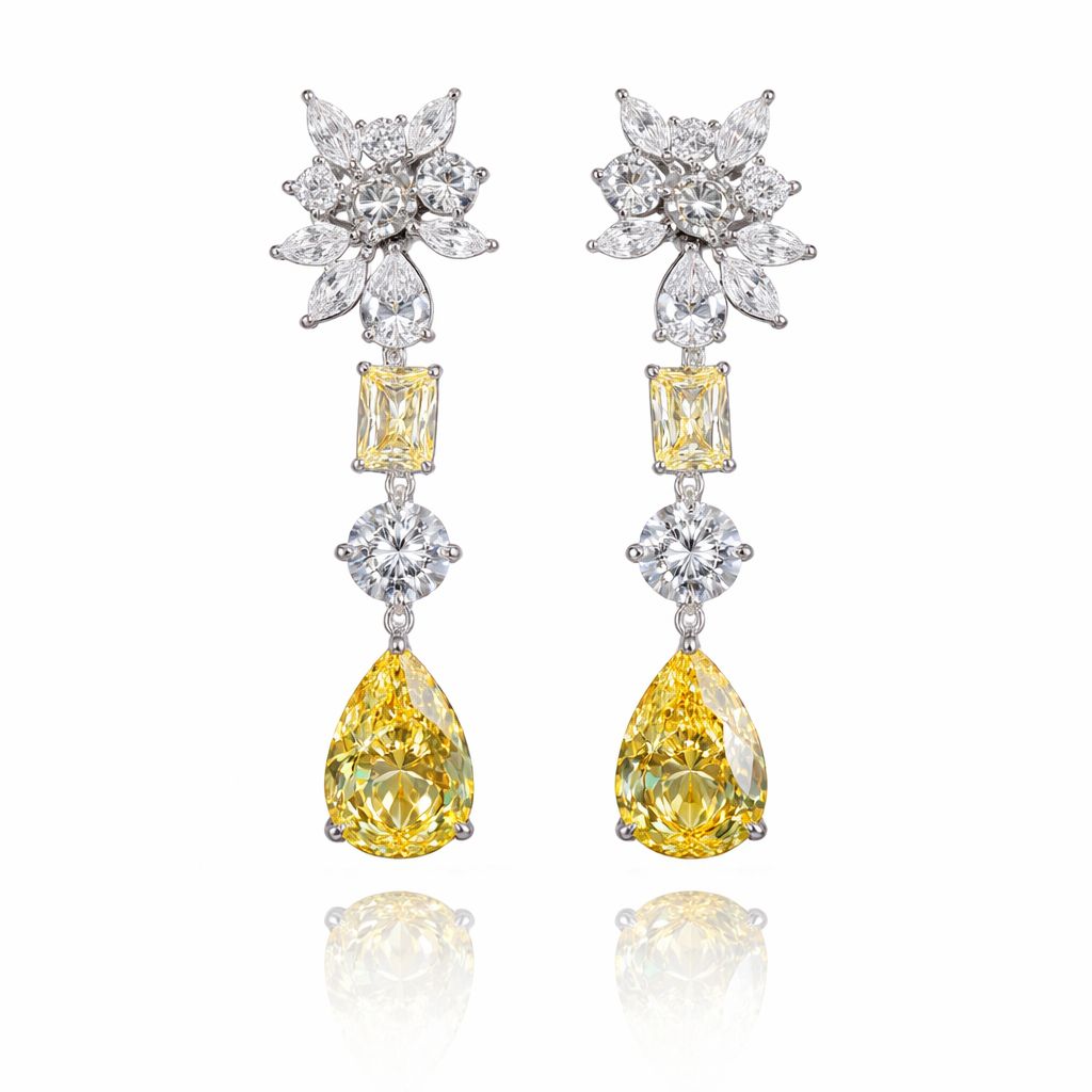 Ultra Premium Multi Shape Yellow and White Diamond Solitaire Dangler Earrings on Pure 925 Silver
