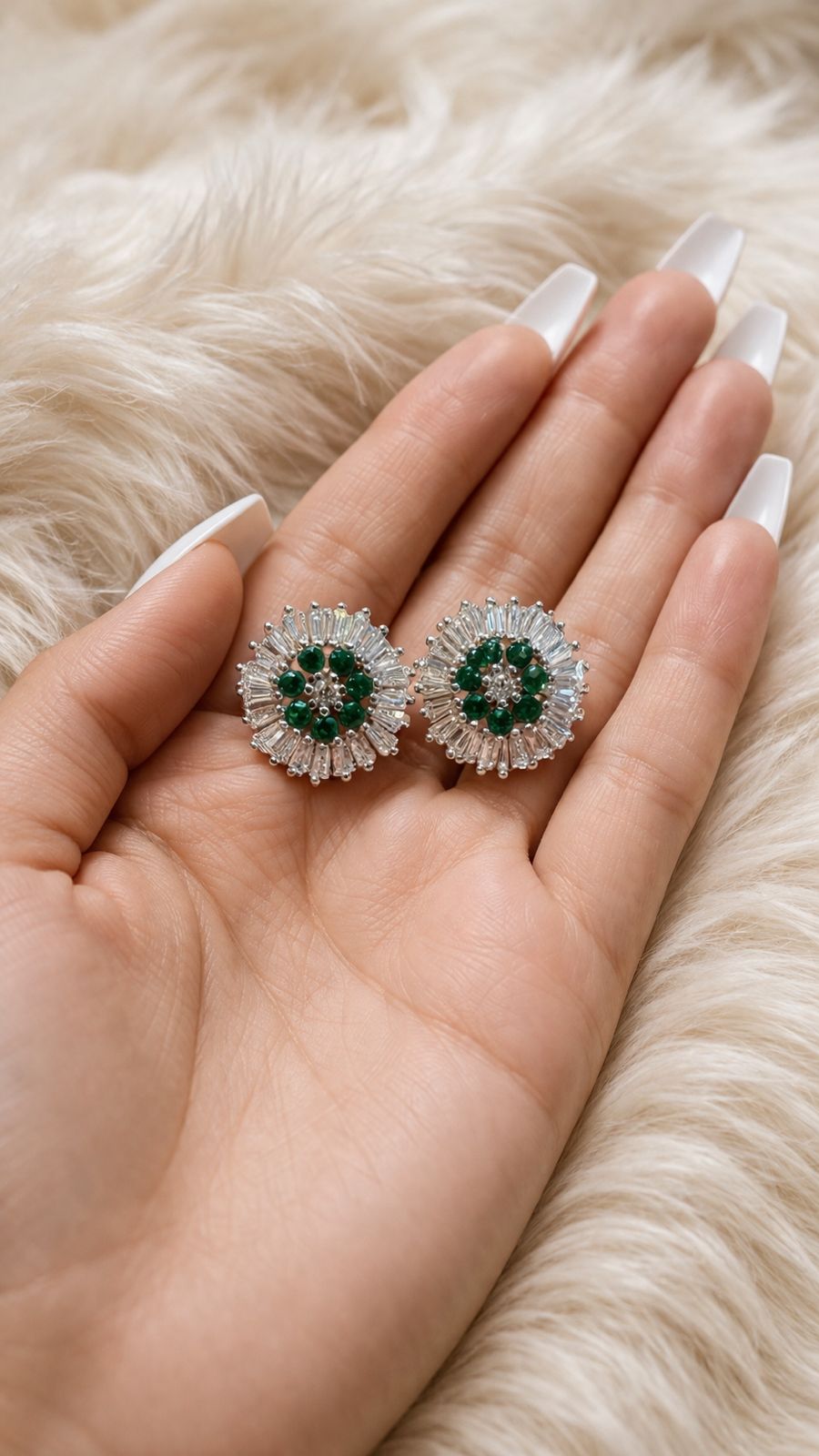 Emerald Green And Baguette Diamond Floral Studs with Premium South Screw on Pure 925 Silver
