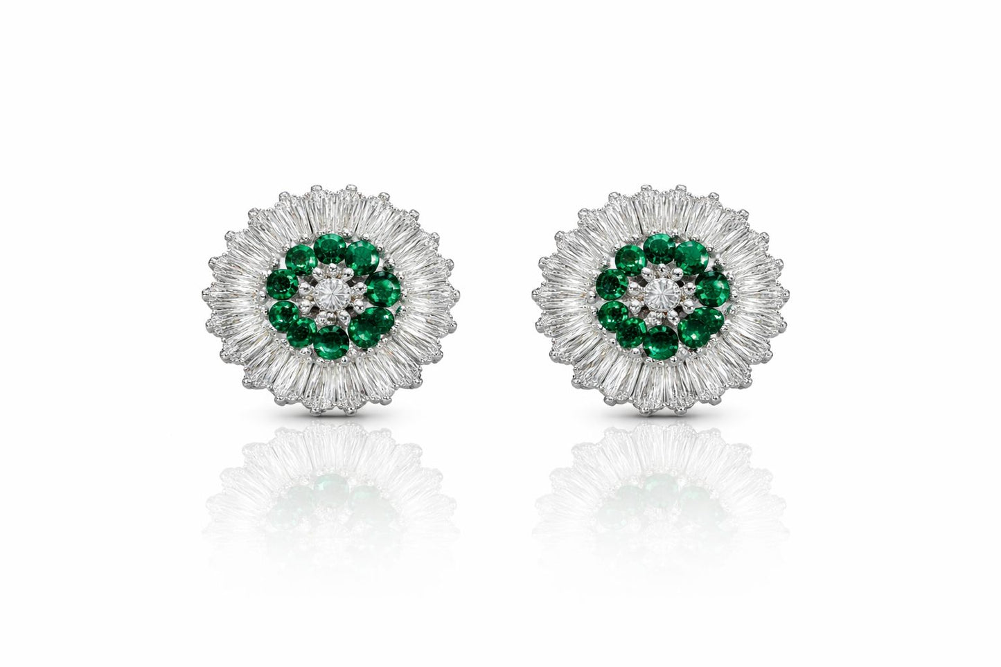 Emerald Green And Baguette Diamond Floral Studs with Premium South Screw on Pure 925 Silver