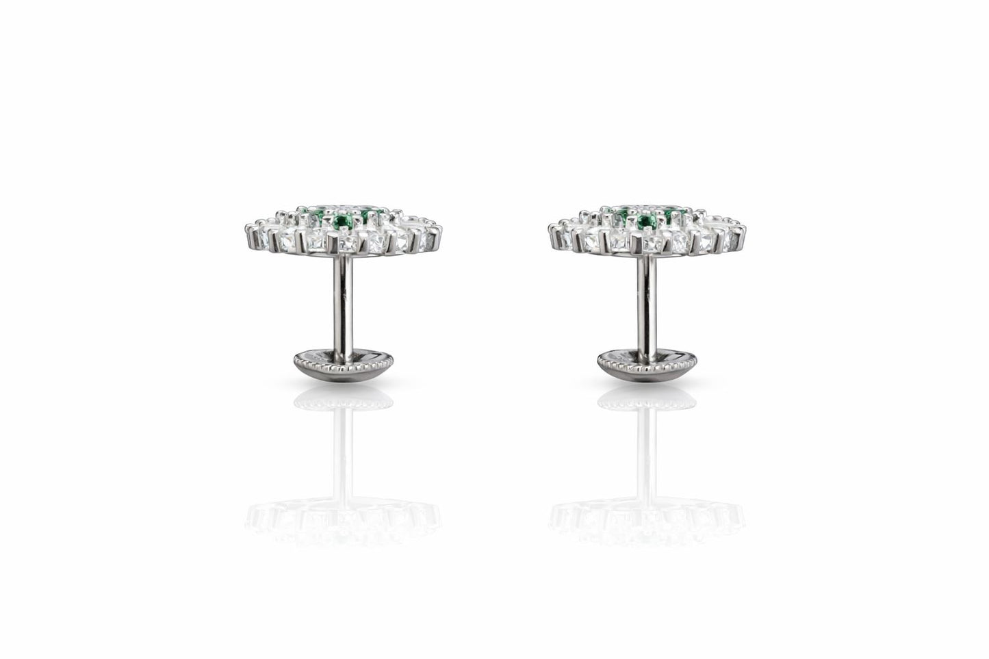 Emerald Green And Baguette Diamond Floral Studs with Premium South Screw on Pure 925 Silver