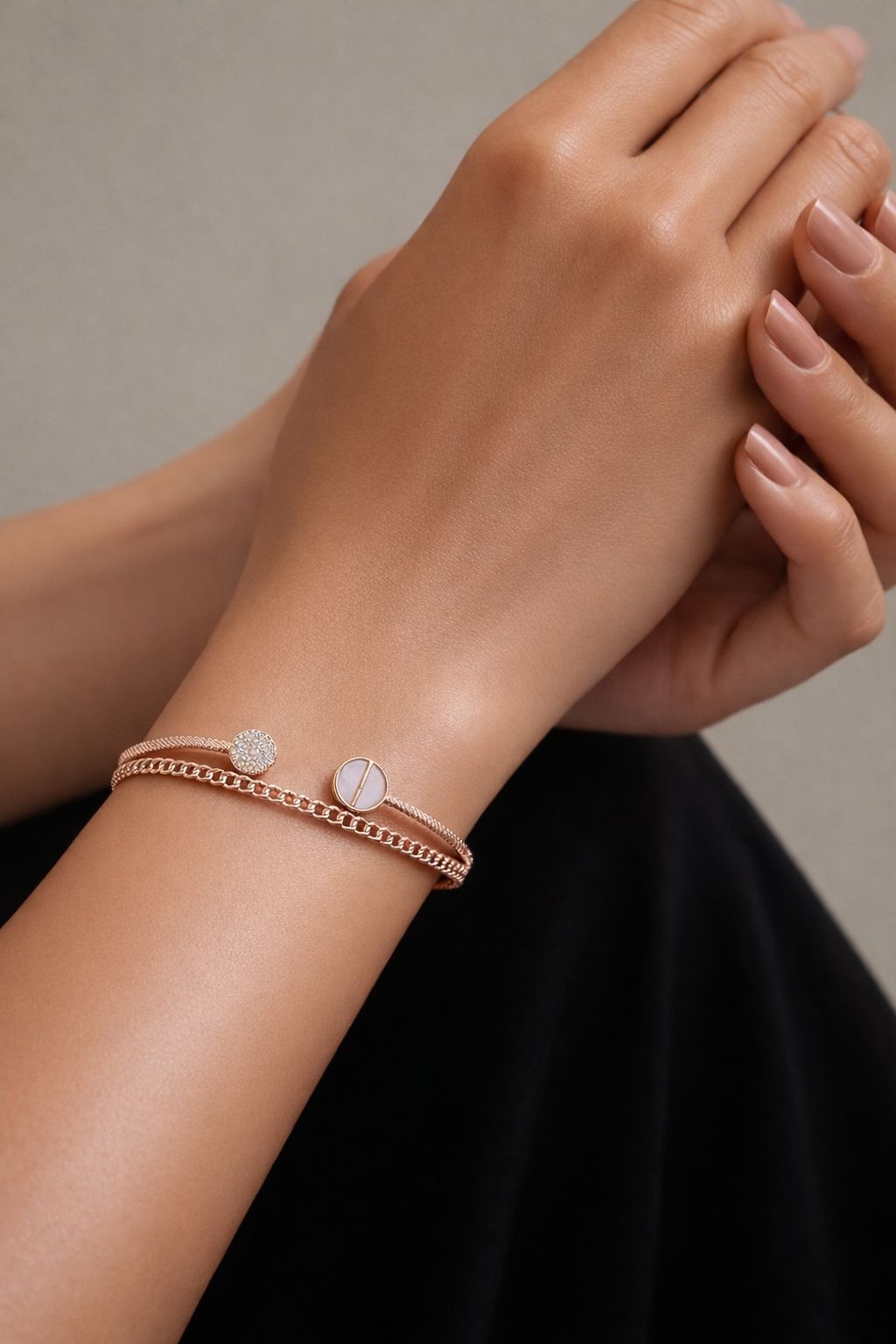 Premium Rose Gold Finish Two Line Openable Bracelet with Mother of Pearl Detailing