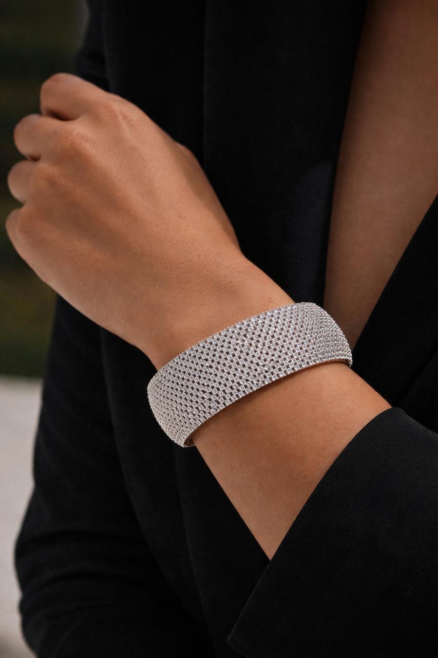 Premium Gold Finish American Diamond Zebra Openable Bracelet with Double Line Diamond Cluster