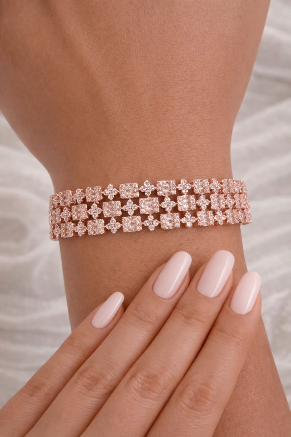 TOJ Everyday - Premium Rose Gold Finish American Diamond Baguette and Round Cut Pressure Setting Broad Bridal Openable Bracelet