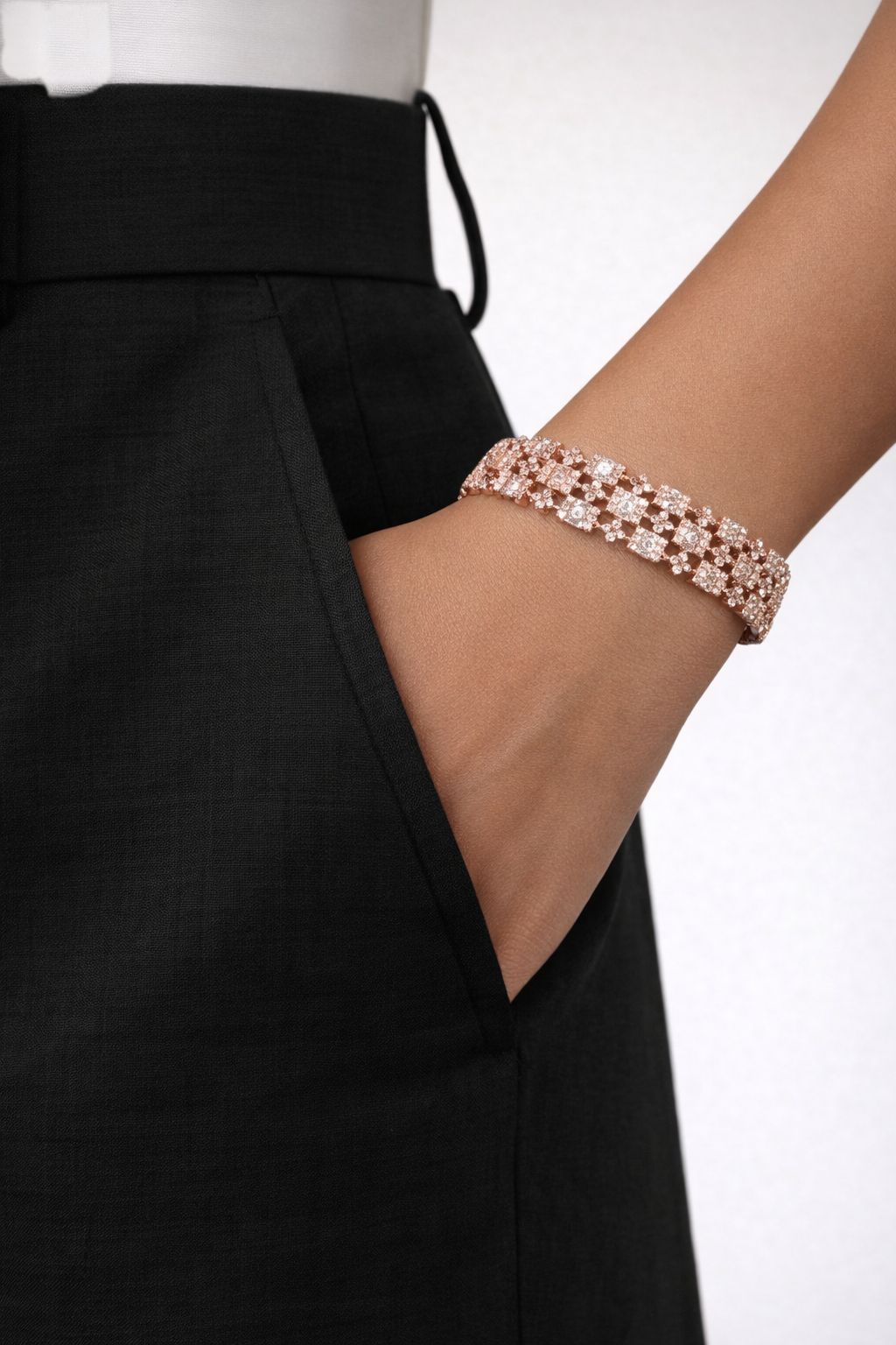 TOJ Everyday - Premium Rose Gold Finish American Diamond Baguette and Round Cut Pressure Setting Broad Bridal Openable Bracelet