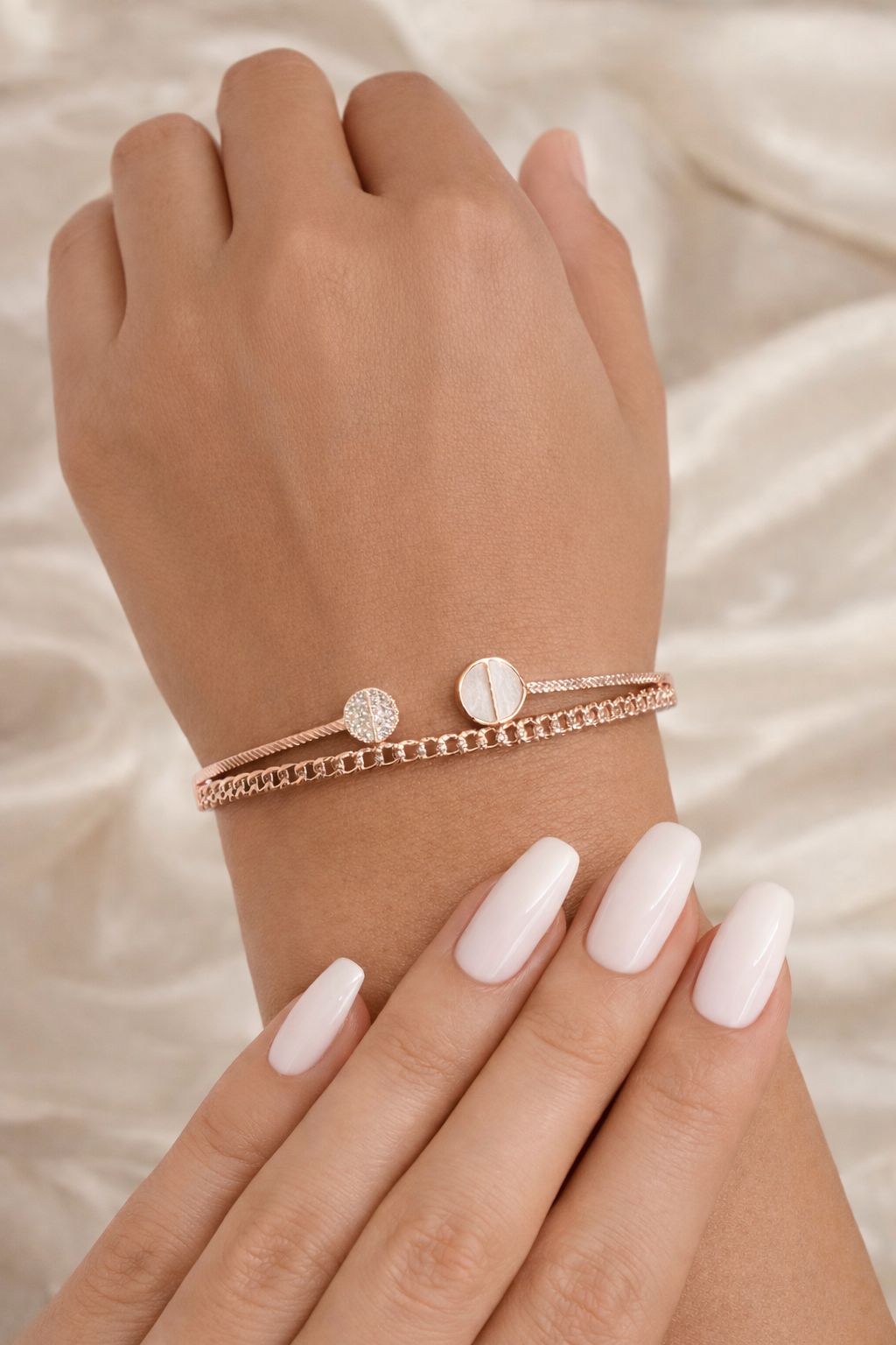 Premium Rose Gold Finish Two Line Openable Bracelet with Mother of Pearl Detailing