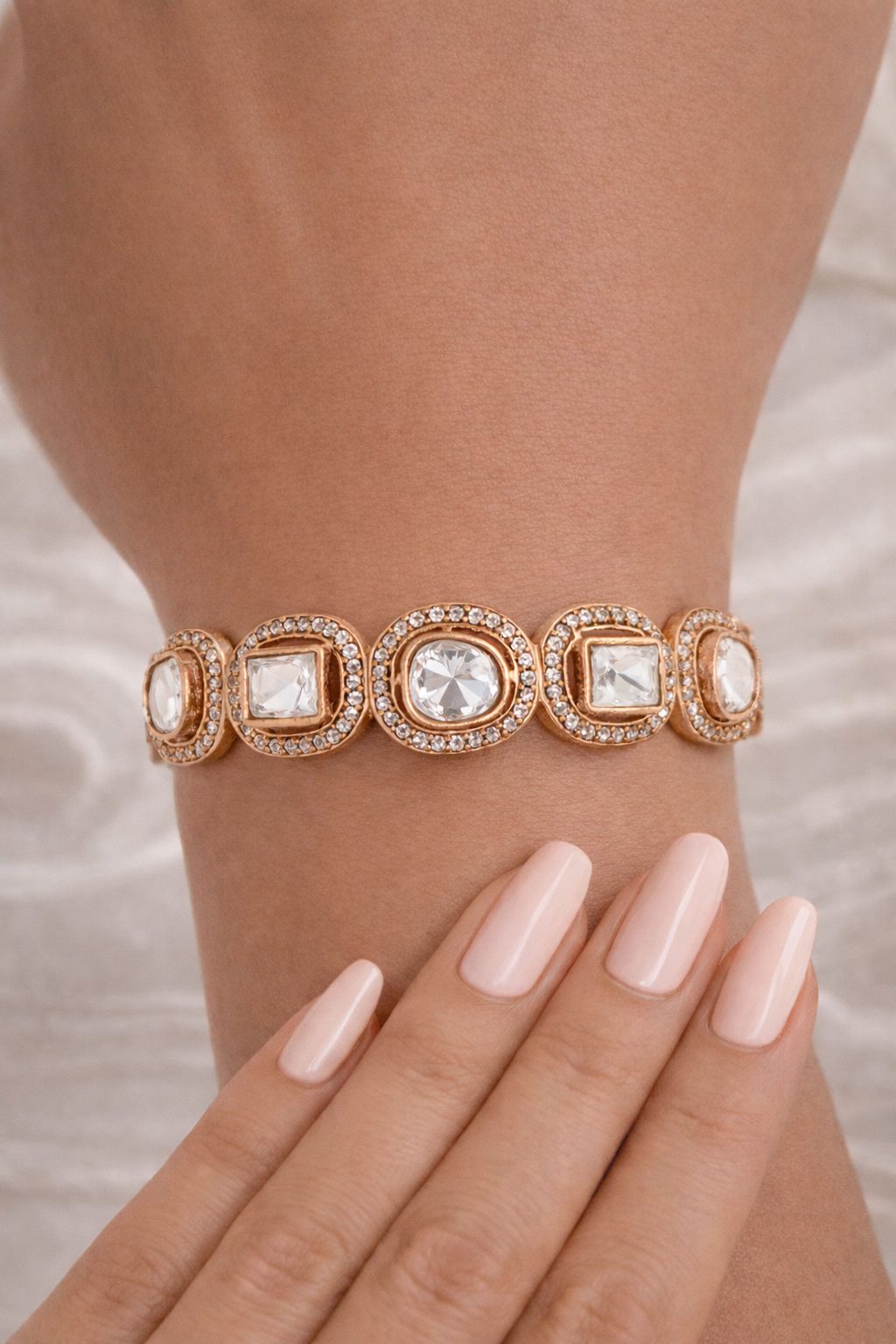 Gold Finish Multi Shape Polki Broad Openable Kada Bracelet for Women