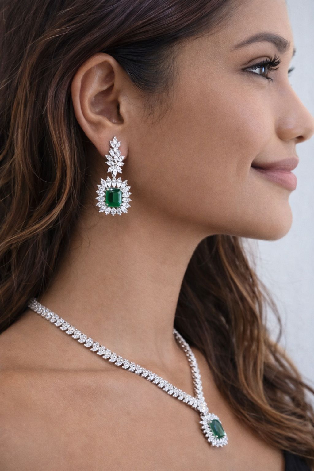 TOJ Everyday - Premium Emerald and Marquise Diamond Monaco Necklace Set with Earrings