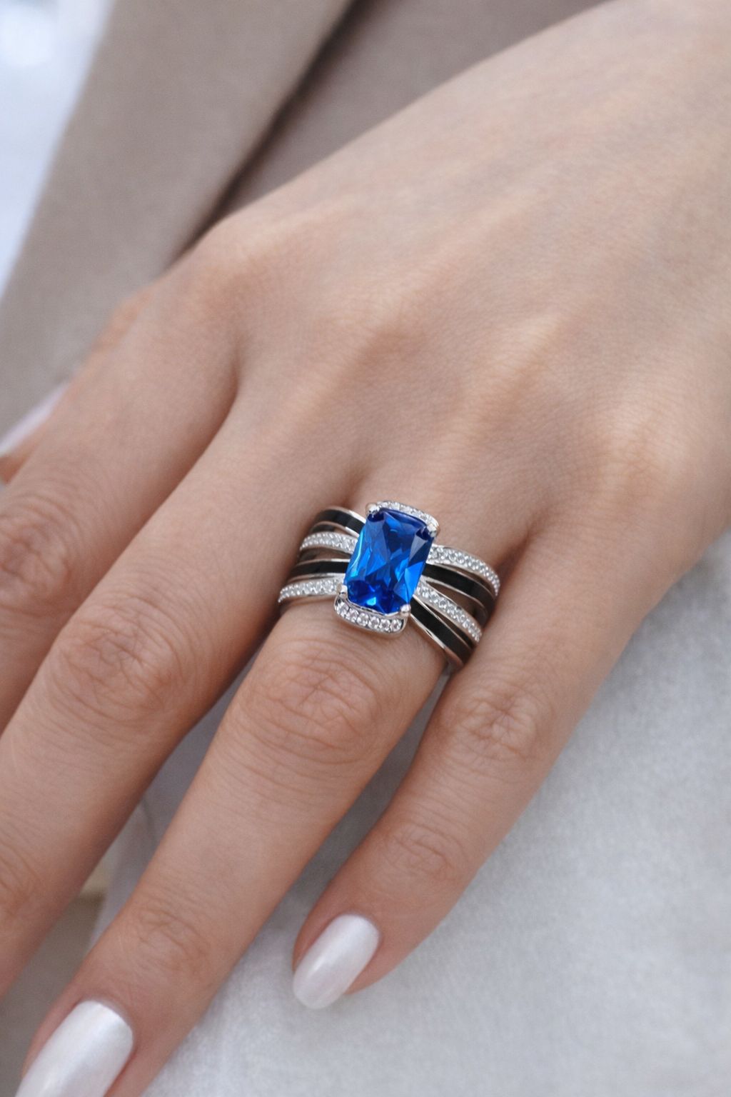 Ultra Premium Tri Band Hydro Blue Sapphire Ring with American Diamonds on Pure 925 Silver