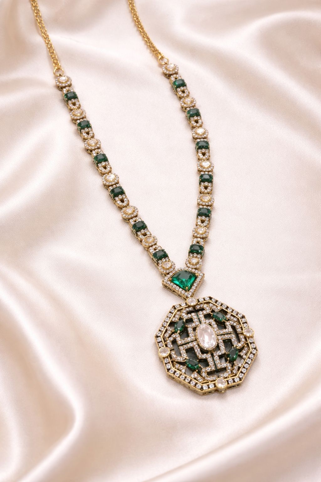 Antique Finish Victoria Emerald Polki and Diamond Necklace Set with Earrings