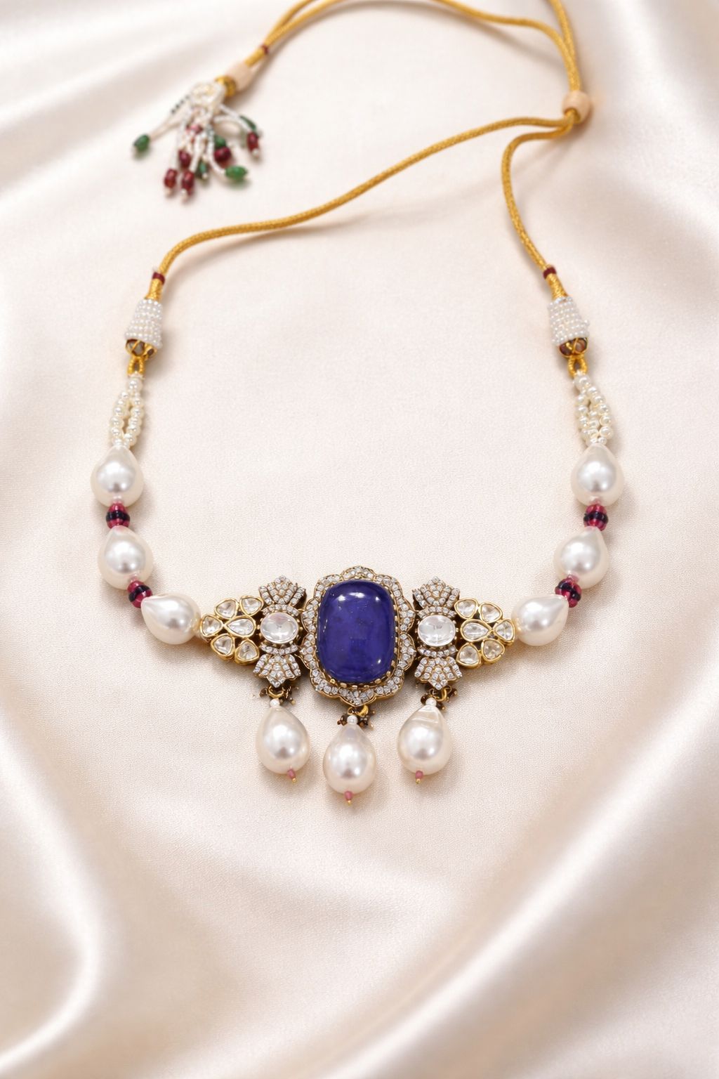 TOJ Everyday - Blue Sapphire and Pearl Hydari Polki Bridal Choker