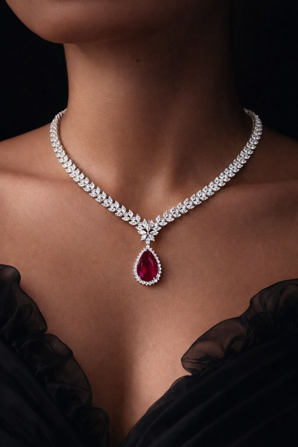 TOJ Everyday - Premium Ruby and Marquise Diamond Beyonce Necklace Set with Earrings